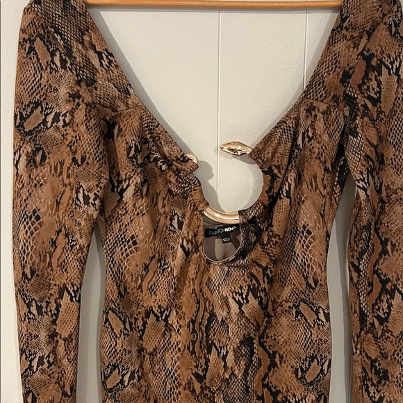 Snake Print Bodycon Dress Brown Long Sleeve Cutout Large - Picture 8 of 11
